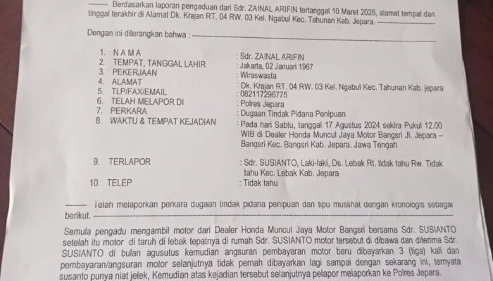 Diduga Ditipu Oknum Wartawan, Warga Desa Ngabul Laporkan Kasus Kredit Motor ke Polres Jepara